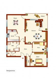 Grundriss 4-Zimmer-Eigentumswohnung mit Kachelofen und Garage.